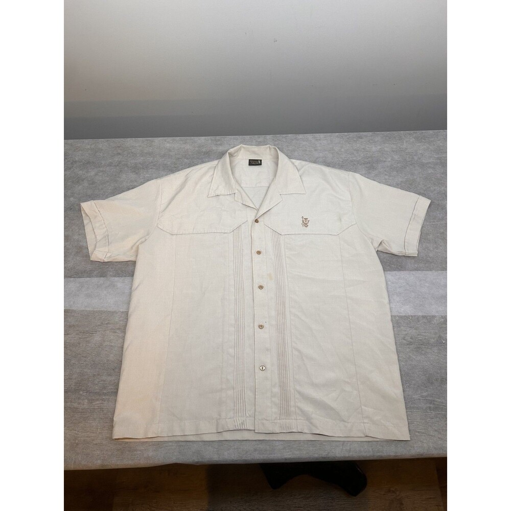 Vintage Steady Last Call Button Up Shirt 2XL Mens Cream Tiki Shirt Hawaiian Size